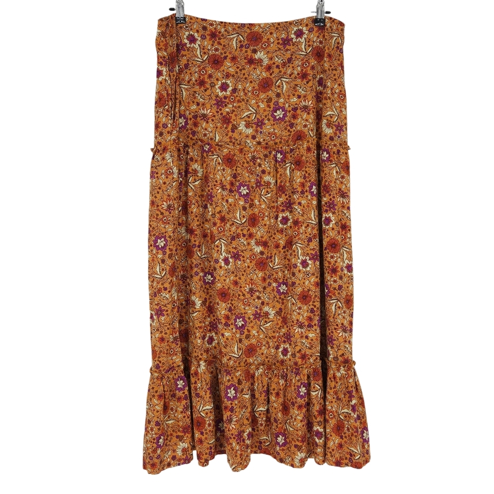 Luna Moon Maxi Peasant Skirt Burnt Orange Boho Floral Ruffle Side Zip XL